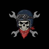A skull wearing a vintage motorcycle helmet and goggles is depicted with crossed wrenches and a red bandana. vector
