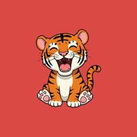 A cheerful cartoon tiger cub sits happily with a wide open mouth and pink paws against a red backdrop. vector