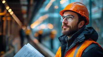 Construction worker evaluates project plans on site during golden hour at a modern building location photo