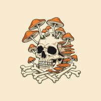 A human skull is depicted with numerous orange mushrooms growing from its cranium and resting on crossed bones. vector