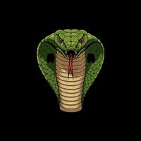 The image shows a detailed illustration of a green cobra snake with its hood fully extended, showcasing its fangs and red eyes. vector