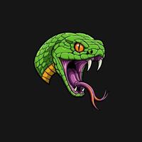 A stylized illustration of a green cobra snake head in an aggressive pose with its fangs bared and tongue extended. vector