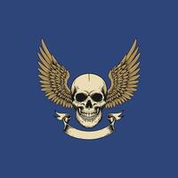 The image depicts a detailed skull with large golden wings and a blank banner beneath it against a blue background. vector