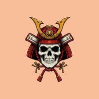 A stylized illustration of a human skull wearing a red and gold samurai helmet with a rope tied beneath. vector