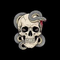 A stylized illustration depicts a grey snake coiled around a human skull against a black background creating a dark and symbolic image. vector