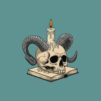 A stylized illustration depicts a skull with horns atop an open book illuminated by a burning candle. vector