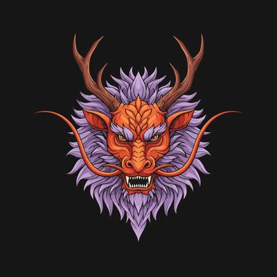 A stylized illustration depicts the head of an orange dragon with antlers and a purple mane its expression is fierce and intimidating.