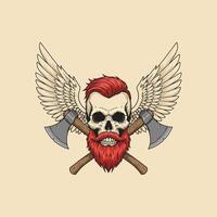 A skull with red hair and beard, wearing wings and crossed axes, is depicted in a vintage style illustration. vector