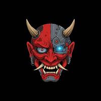 A digital illustration depicts a fusion of a traditional Japanese oni mask and a cyborg, showcasing a blend of ancient and futuristic elements. vector