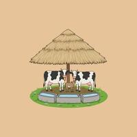 Two cows and their young calf rest under a thatched roof shelter near water troughs on a grassy patch. vector
