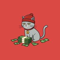A cartoon illustration depicts a grumpy grey cat wearing a red beanie and sitting next to a stack of money. vector