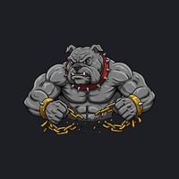A powerfully built bulldog breaks its golden chains, symbolizing strength and freedom. vector
