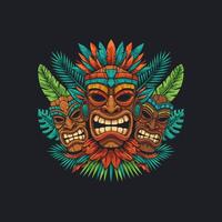 A stylized illustration features three vibrant tiki masks adorned with tropical foliage, creating a bold and exotic visual. vector