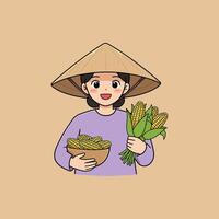 A cheerful cartoon girl farmer in a conical hat holds a bowl of corn and some ears of corn. vector