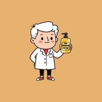 A cute cartoon doctor character in a lab coat holds a bottle of shampoo labeled Shampoo Doctor. vector