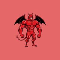 A powerful illustration depicts a red muscular devil with large wings and a tail. vector