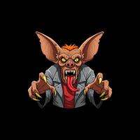 A menacing cartoon bat-like creature with sharp claws and fangs, wearing a grey jacket and red shirt. vector