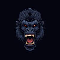 A stylized illustration depicts an angry gorilla head with bared teeth and glowing orange eyes against a dark background. vector