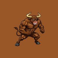 A powerful brown bull mascot illustration with large muscles, poised in a fighting stance, conveying strength and aggression. vector