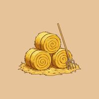 An illustration shows three round hay bales and a pitchfork sitting on the ground. vector