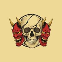 A cracked human skull is flanked by two red oni masks with gold horns and sharp teeth creating a visually striking and intense image. vector