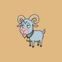 The image shows a cute cartoon goat with large horns, a bell, and a tired expression. vector