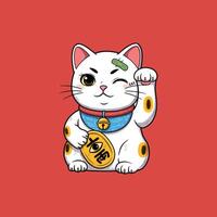 A stylized illustration of a white Maneki-neko cat, holding a gold coin and waving, set against a red background. vector