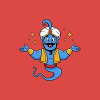 A friendly blue genie cartoon character cheerfully welcomes with open arms against a red background, surrounded by sparkling stars. vector