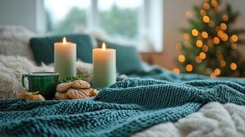 Cozy afternoon with popcorn and green drink on a knitted blanket photo