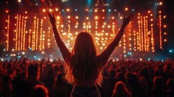 Rock concert in a vibrant venue with energetic crowd in the evening photo
