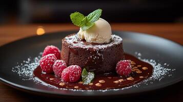 Decadent chocolate cake with ice cream served on a rustic wooden table photo