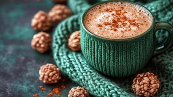 Cozy afternoon with popcorn and green drink on a knitted blanket photo