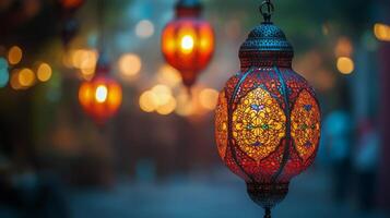 Lantern glowing in twilight with intricate patterns surrounded by lush greenery and warm sunset light photo