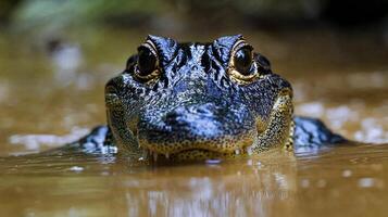 Close-up view of a crocodile partially submerged in muddy water, showcasing intricate textures and colors photo