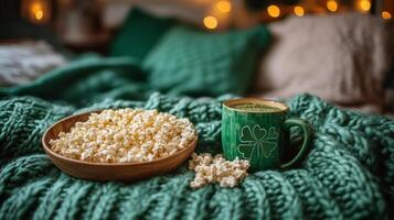 Cozy afternoon with popcorn and green drink on a knitted blanket photo