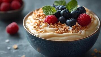 Delicious yogurt parfait topped with berries and granola served in a rustic bowl photo