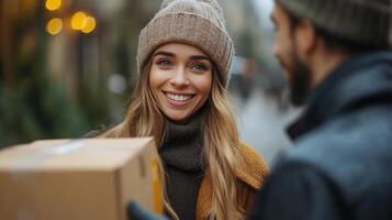 Smiling woman receives a package on a cold day in a cozy urban setting photo