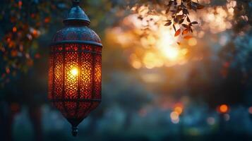 Lantern glowing in twilight with intricate patterns surrounded by lush greenery and warm sunset light photo