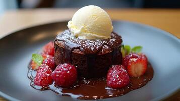 Decadent chocolate cake with ice cream served on a rustic wooden table photo