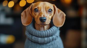 Cute dachshund wearing a cozy sweater in a warm indoor setting photo