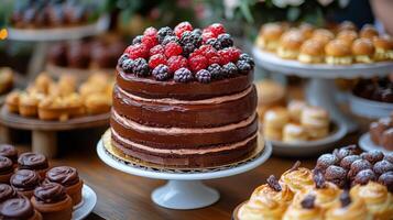 Chocolate cake decorated for a special occasion with assorted baked goods in the background photo