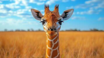 Giraffe peer into the distance in golden grassland under a clear blue sky photo