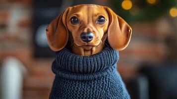 Cute dachshund wearing a cozy sweater in a warm indoor setting photo