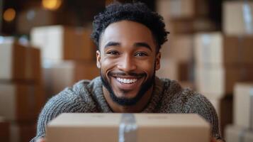 Smiling man holding a package in a warehouse filled with boxes during daytime photo