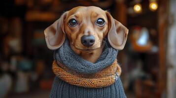 Cute dachshund wearing a cozy sweater in a warm indoor setting photo