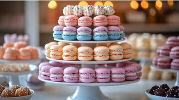 Colorful macarons displayed on tiered stands at a dessert table during a festive event photo