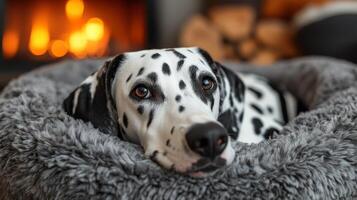Dalmatian dog relaxing in cozy bed by the fireplace during a calm evening photo