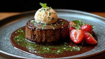 Decadent chocolate cake with ice cream served on a rustic wooden table photo
