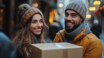 Smiling woman receives a package on a cold day in a cozy urban setting photo