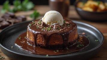 Decadent chocolate cake with ice cream served on a rustic wooden table photo